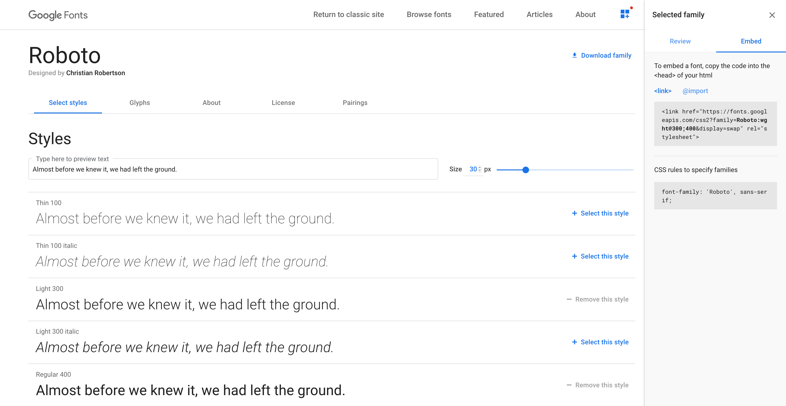 Google Fonts page