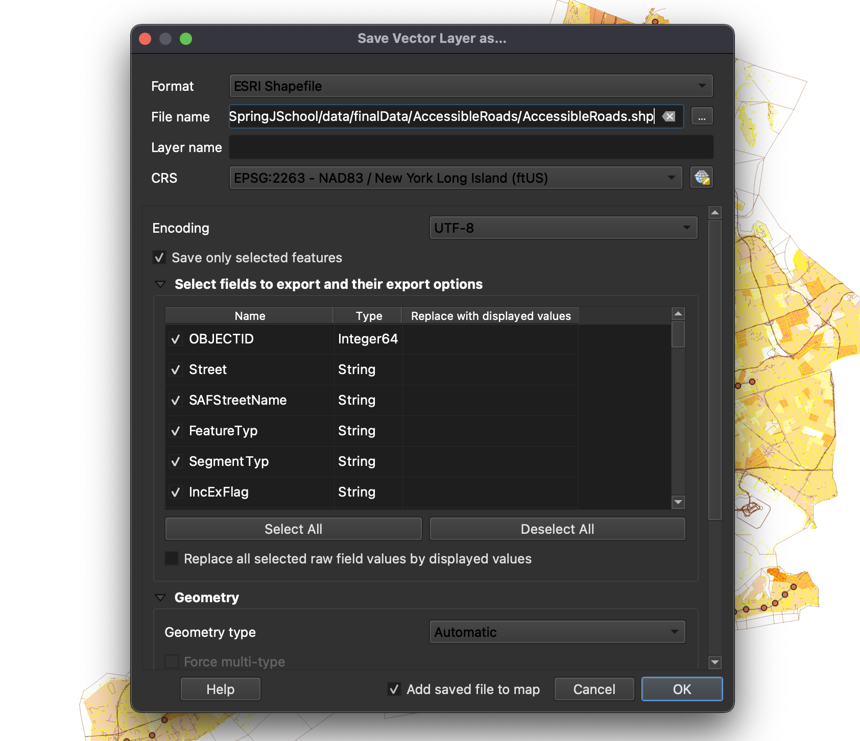 Export selected features